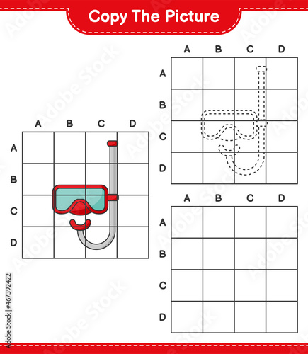 Copy the picture, copy the picture of Scuba Diving Mask using grid lines. Educational children game, printable worksheet, vector illustration