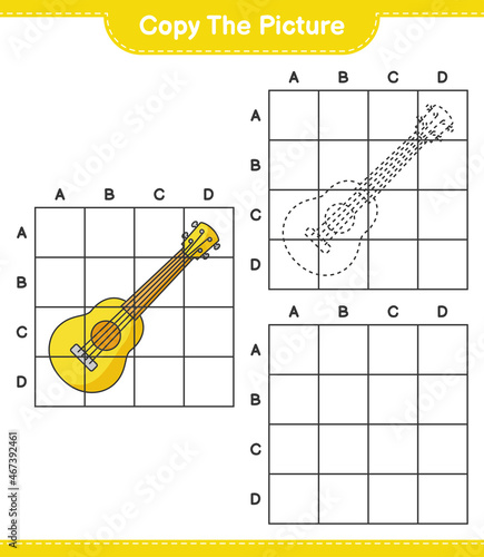 Copy the picture, copy the picture of Ukulele using grid lines. Educational children game, printable worksheet, vector illustration