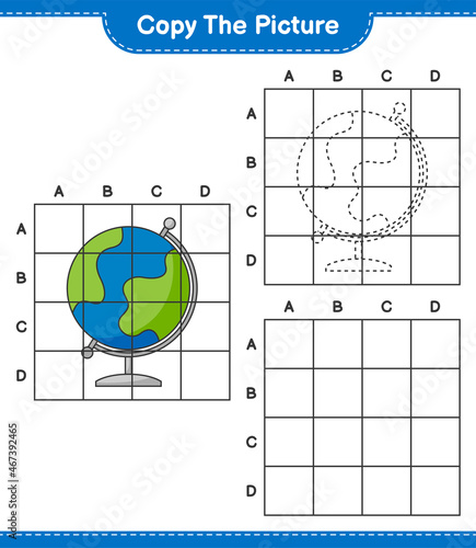 Copy the picture, copy the picture of Globe using grid lines. Educational children game, printable worksheet, vector illustration