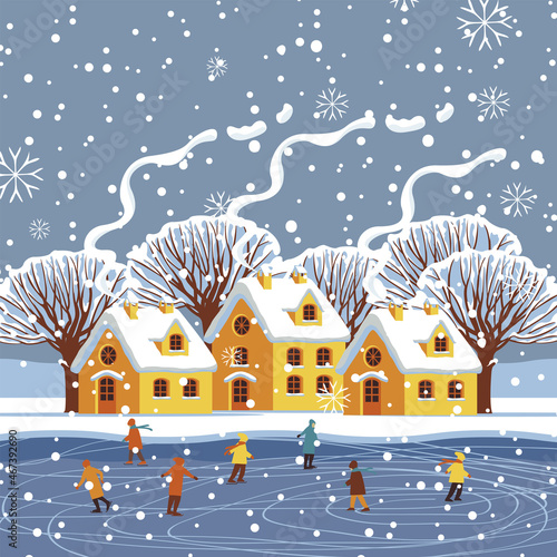 Vector winter landscape with cute houses, snow-covered trees and children skating on large ice rink. Happy winter holidays. Cartoon illustration, greeting card or decorative banner in flat style
