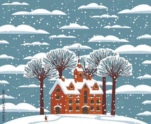 Snowy winter landscape with orange house, snow-covered trees, a lonely passerby and clouds in the sky. Cartoon vector illustration, greeting card or decorative banner in flat style
