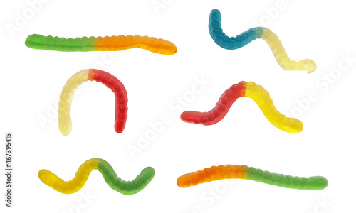 Fotografie Collection of gummy worms candies isolated on white