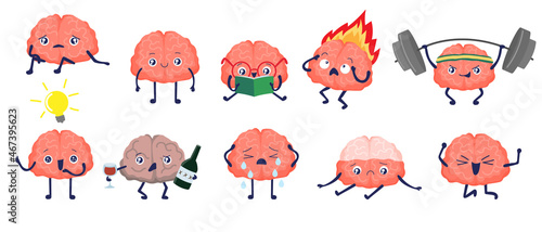 Brain character. Cartoon cute brain with face. Book, power, sadness, happy, depressed. Internal human organs. Stock vector illustration isolated on white background.