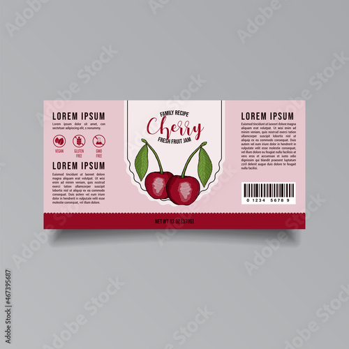 Cherry jam label template. Abstract modern vector packaging design layout. Isolated