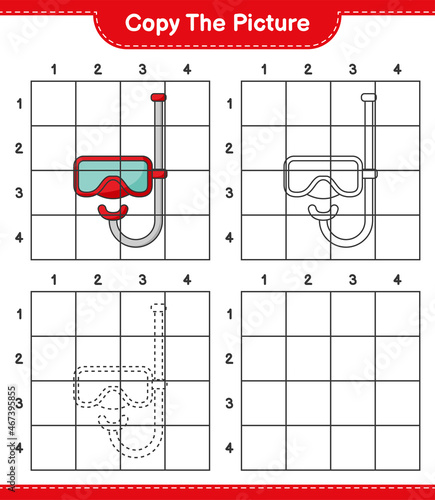 Copy the picture, copy the picture of Scuba Diving Mask using grid lines. Educational children game, printable worksheet, vector illustration
