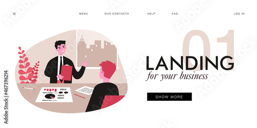 Businessman with documents talking to man at office table. Human recourses manager telling about company flat vector illustration. Job interview, HR, recruitment concept for banner, website design