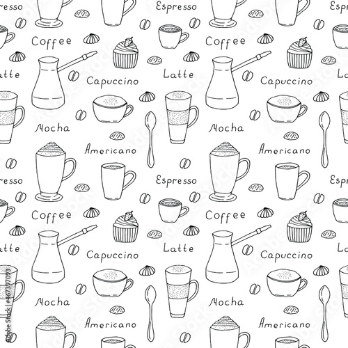 Coffee seamless pattern vector illustration, hand drawing doodles