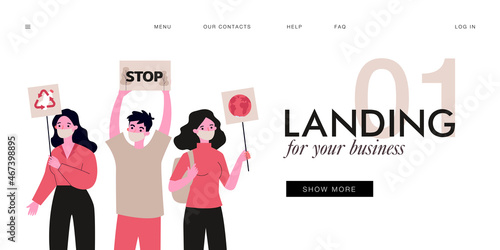 Ecology activists with placards and banners. Characters in masks asking to stop deforestation, recycle plastic bottles flat vector illustration. Environment, ecology concept for banner, website design