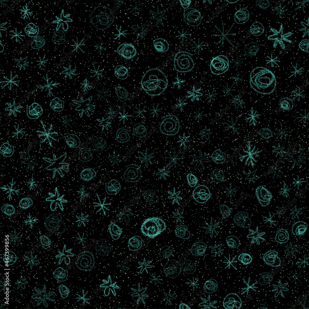 Hand Drawn Snowflakes Christmas Seamless Pattern. Subtle Flying Snow Flakes on chalk snowflakes Background. Actual chalk handdrawn snow overlay. Nice holiday season decoration.
