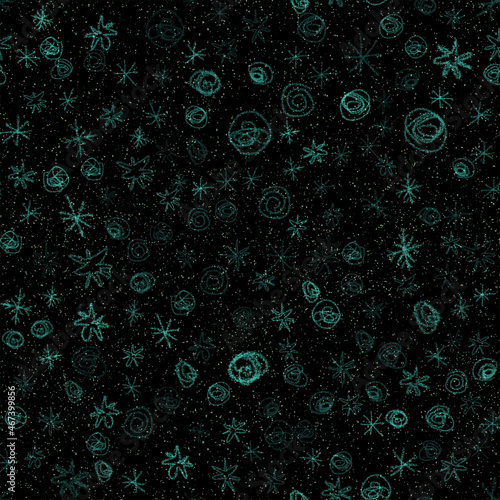 Hand Drawn Snowflakes Christmas Seamless Pattern. Subtle Flying Snow Flakes on chalk snowflakes Background. Actual chalk handdrawn snow overlay. Nice holiday season decoration.