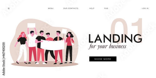 Group of people with placard and banner at protest. Female character speaking into megaphone flat vector illustration. Demonstration, activism concept for banner, website design or landing web page