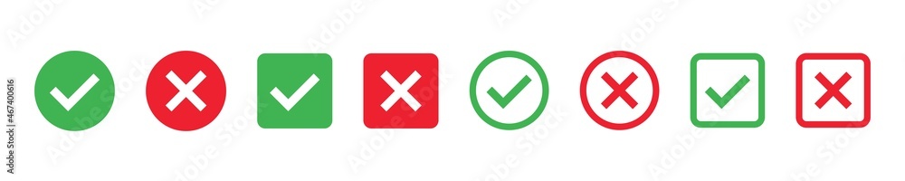 Checkmark x mark icon. Green checkmark and red x sign. Correct error vector symbol isolated on white background. Vote checkmark in circle and square box. Checkmark x mark icon. Green checkmark and red x sign. Correct error vector symbol isolated on white background. Vote checkmark in circle and square box.