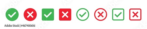 Checkmark x mark icon. Green checkmark and red x sign. Correct error vector symbol isolated on white background. Vote checkmark in circle and square box.