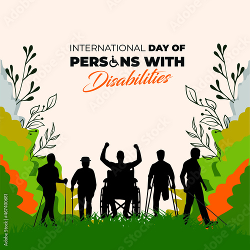 International Day of Persons with Disabilities. Men in wheel chair and man with prosthesis. Template for background, banner, card, poster. Vector illustration.