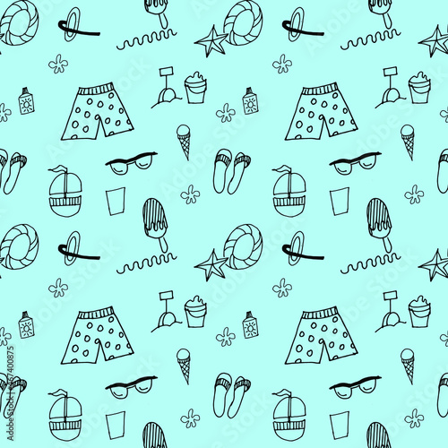 Beach theme doodle set. Various kinds of sports and recreation at sea. Handmade work.