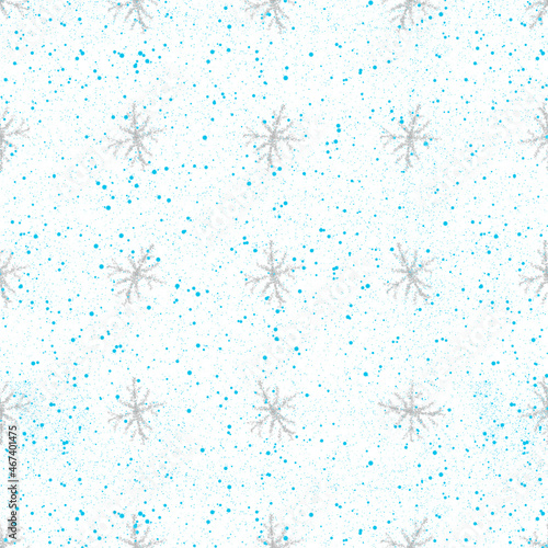 Hand Drawn Snowflakes Christmas Seamless Pattern. Subtle Flying Snow Flakes on chalk snowflakes Background. Amusing chalk handdrawn snow overlay. Radiant holiday season decoration.