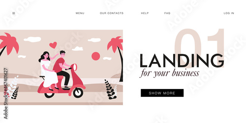 Happy couple riding motorbike along seaside. Flat vector illustration. Woman in white dress and man in love, travelling together, enjoying sunset by sea. Romance, travel, love, wedding journey concept