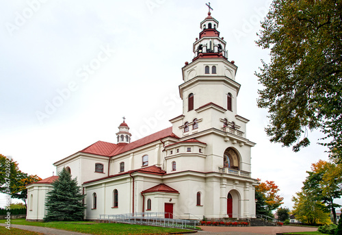General view and architectural details of the Baroque Catholic Church of Our Lady of Częstochowa built in 1931 in the town of Mońki in Podlasie, Poland.