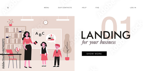 Cartoon teacher and pupils at class flat vector illustration. Female tutor lending out books at school. Education, lesson, back to school concept for banner, website design or landing web page