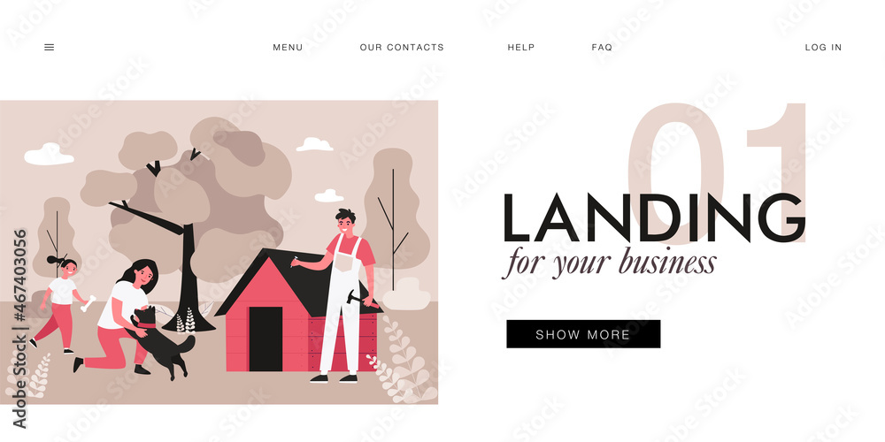 Carpenter making doghouse for domestic animal outside. Mother playing with dog, daughter with bone, man with hammer and nail flat vector illustration. Pets concept for banner, website design