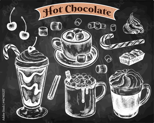 Set of chalk drawing hot chocolate drinks isolated on chalkboard. Sketch hand drawn cocoa cocktails with marshmallow, whipped cream, candy cane, cinnamon stick, cherry. Food menu. Vector illustration.