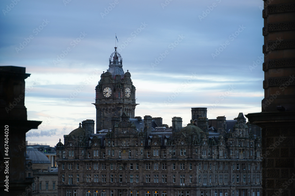 Clock Tower, Balmoral Hotel, Edinburgh, Scotland. Resulting from a competition in 1895, the hotel originally opened as the North British Station Hotel on 15 October 1902.