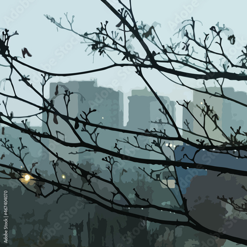 Vector cityscape fog tree branches background pastel