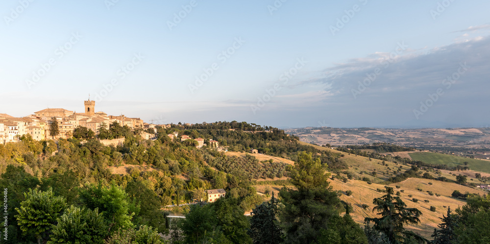 Landscape of Recanati town, historical center of ancient village where Leopardi was born and countryside. Recanati, Macerata, Marche, Italy