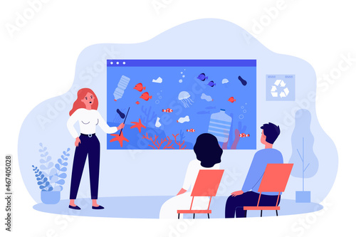 Environmental presentation with speaker and audience. People on lecture about polluted ocean flat vector illustration. Protection of environment concept for banner, website design or landing web page