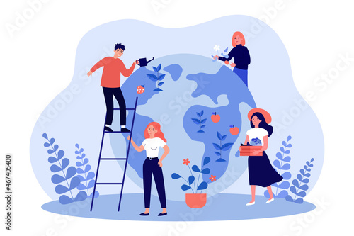 Volunteers planting and watering plants on globe of planet Earth. People protecting environment flat vector illustration. Ecology, reforestation concept for banner, website design or landing web page