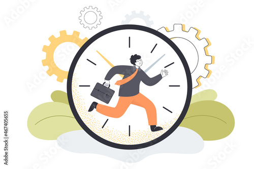 Tiny comic man running in hurry doing job on clock dial background. Good people going to work early flat vector illustration. Time management, chronometer showing hour concept