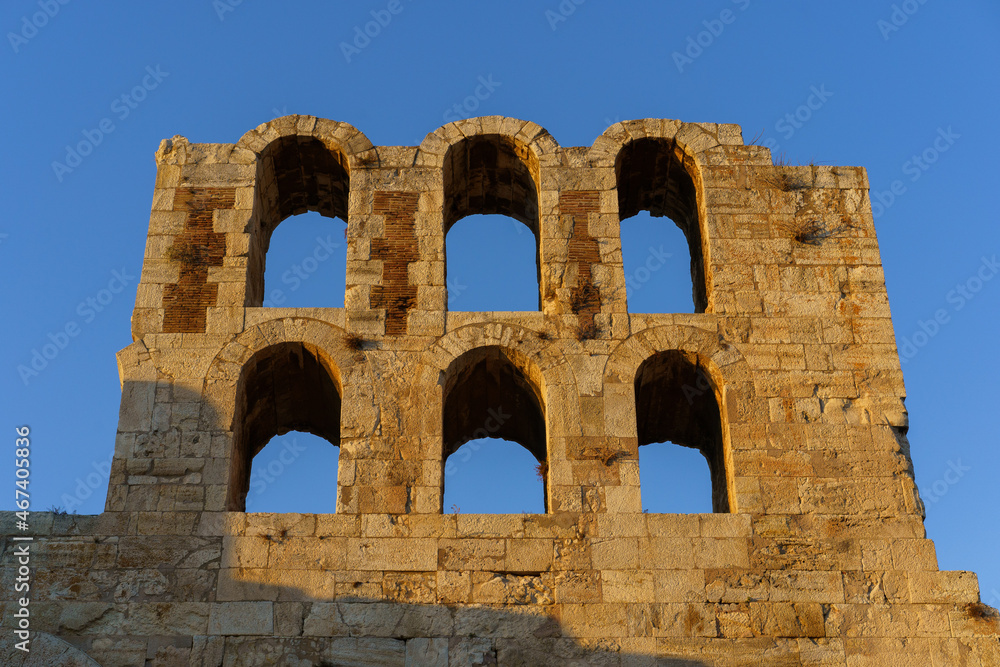 low angle view of the Odeon of Herodes Atticus in Acropolis in Athens, Greece