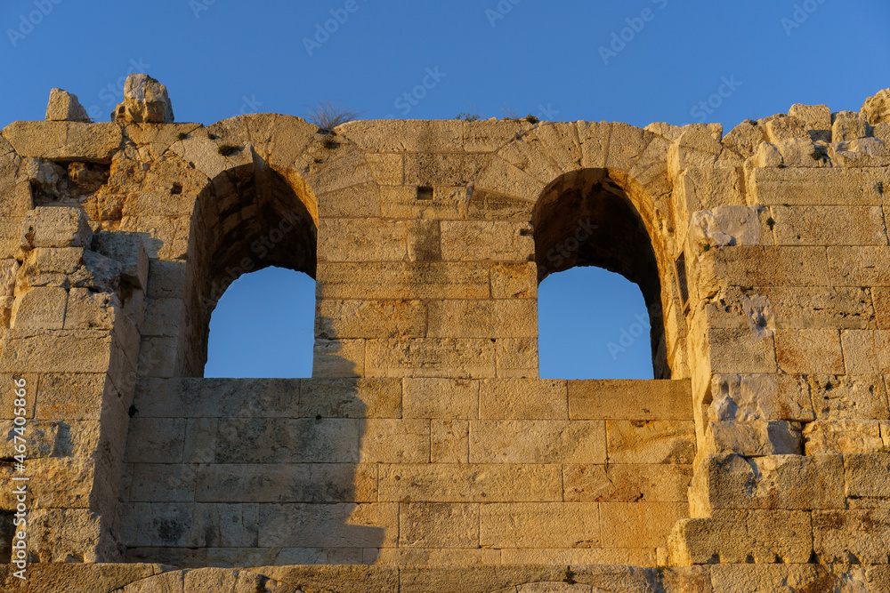 low angle view of the Odeon of Herodes Atticus in Acropolis in Athens, Greece