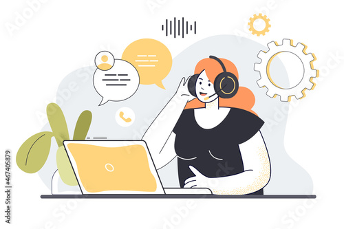 Call center operator sitting at desk with laptop and headphones and communicating with clients. Woman administrator answering customers questions flat vector illustration. Customer support concept