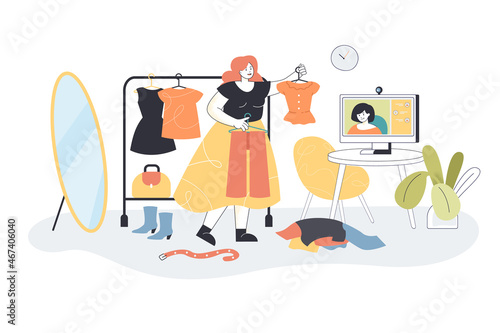 Woman taking clothes from wardrobe and choosing it using computer and recommendations. Personal stylist helping to make choice flat vector illustration. Fashion consultant, guidance of style concept