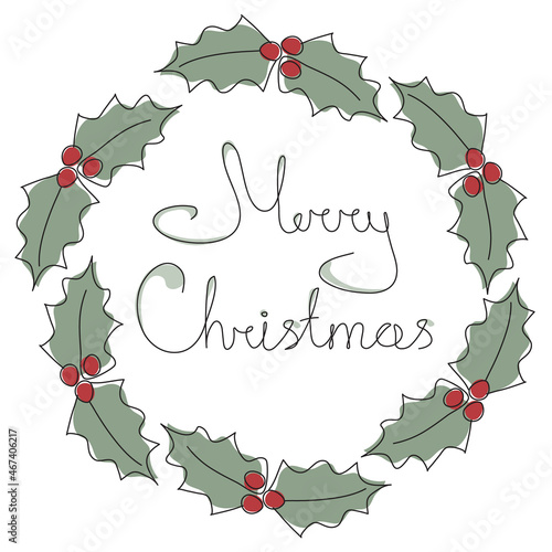 Festive ilex wreath and Merry Christmas lettering vector iIllustration in one line style