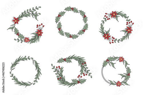 Merry Christmas Set wreath with mistletoe, ilex, pine vector iIllustration in flat and one line art style
