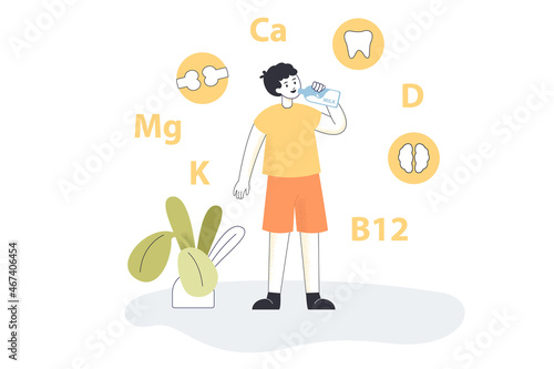 Kid boy holding bottle of white beverage with milk title in hand and drinking it. Healthy cute child with breakfast drink flat vector illustration. Benefit of milk for teeth, brain and bones concept
