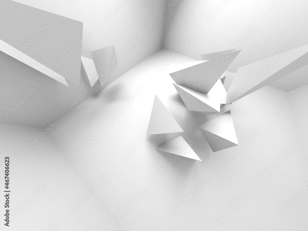 Abstract geometric background, white triangular objects installation Abstract geometric background, white triangular objects installation