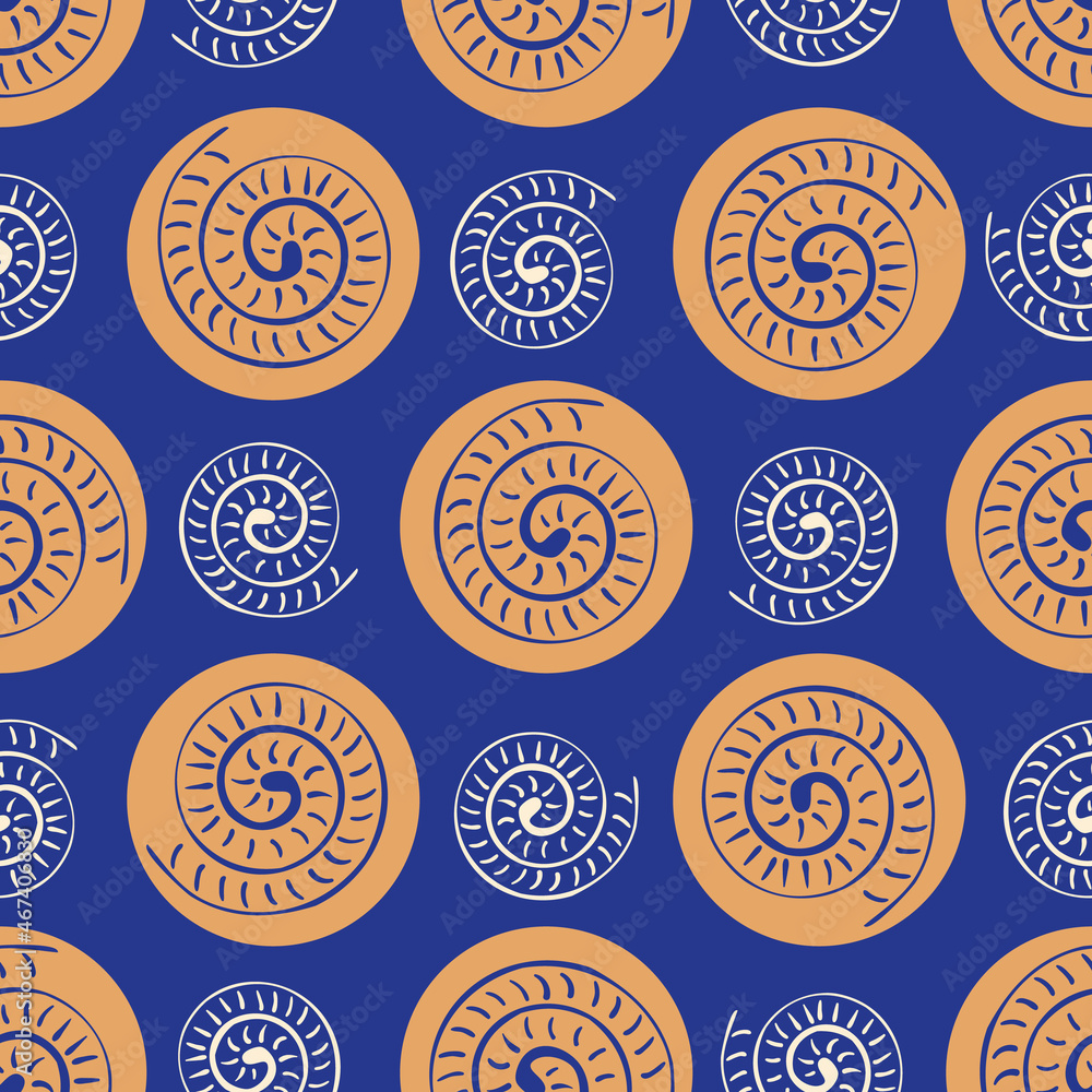 Ammonite vector seamless pattern background. Hand drawn ribbed spiral ...