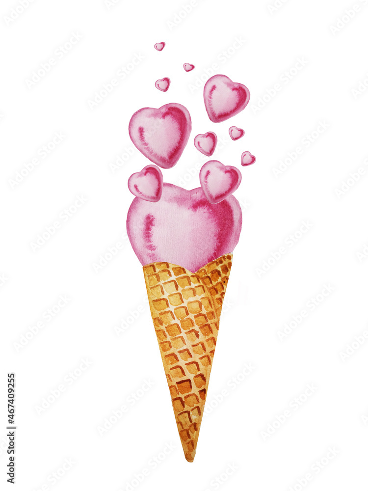 Hand drawn Valentine's day card. Watercolor ice cream with flying hearts. Romantic illustration. Perfect for blogs, lettering, sewing patterns, invitations, t-shirts, prints. Dessert for lovers Hand drawn Valentine's day card. Watercolor ice cream with flying hearts. Romantic illustration. Perfect for blogs, lettering, sewing patterns, invitations, t-shirts, prints. Dessert for lovers
