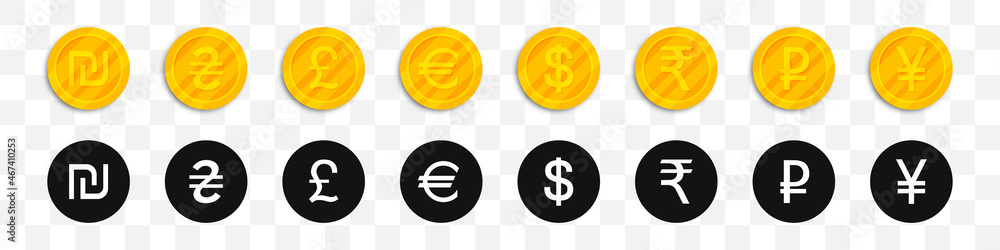 Set of golden coins most used currency symbols icon Set of golden coins most used currency symbols icon