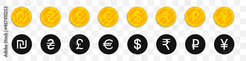 Set of golden coins most used currency symbols icon