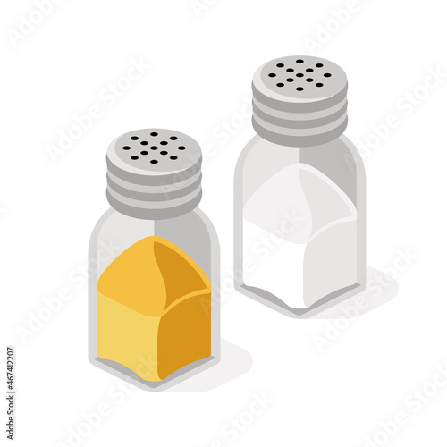 Pepper and salt in jars. Vector 3d sketch line isometric style, color icon illustration. Creative design idea and infographics elements.