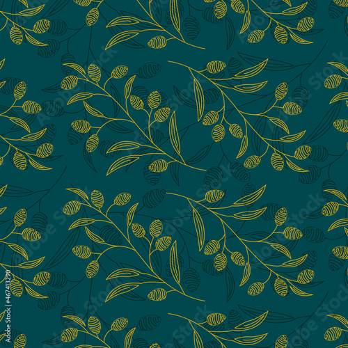 Vector Seamless pattern of gold oil branches in line art style on blue background