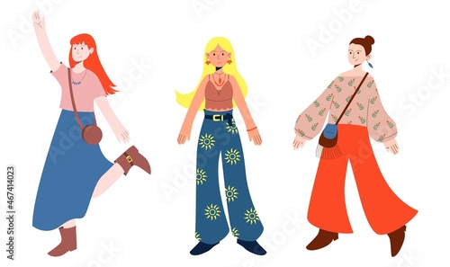Boho outfit Set. Girls in bohemian clothes. Vector illustration in flat style white background.