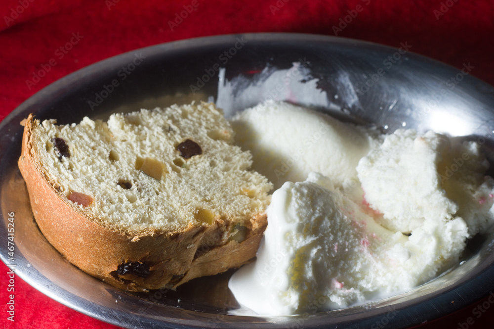 Panettone with various ice creams in a metal bowl ,copy space Panettone with various ice creams in a metal bowl ,copy space