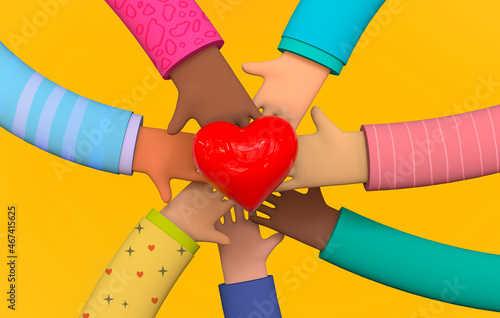 Friendship hands hold red heart. Concept of Cultural Diversity. 3d illustration on white background.
