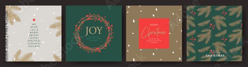 Merry Christmas and Happy New Year Set of greeting cards, posters, holiday covers. Elegant Xmas design in green, red and gold colors with hand drawn fir branches, Christmas wreath, brush painted snow 