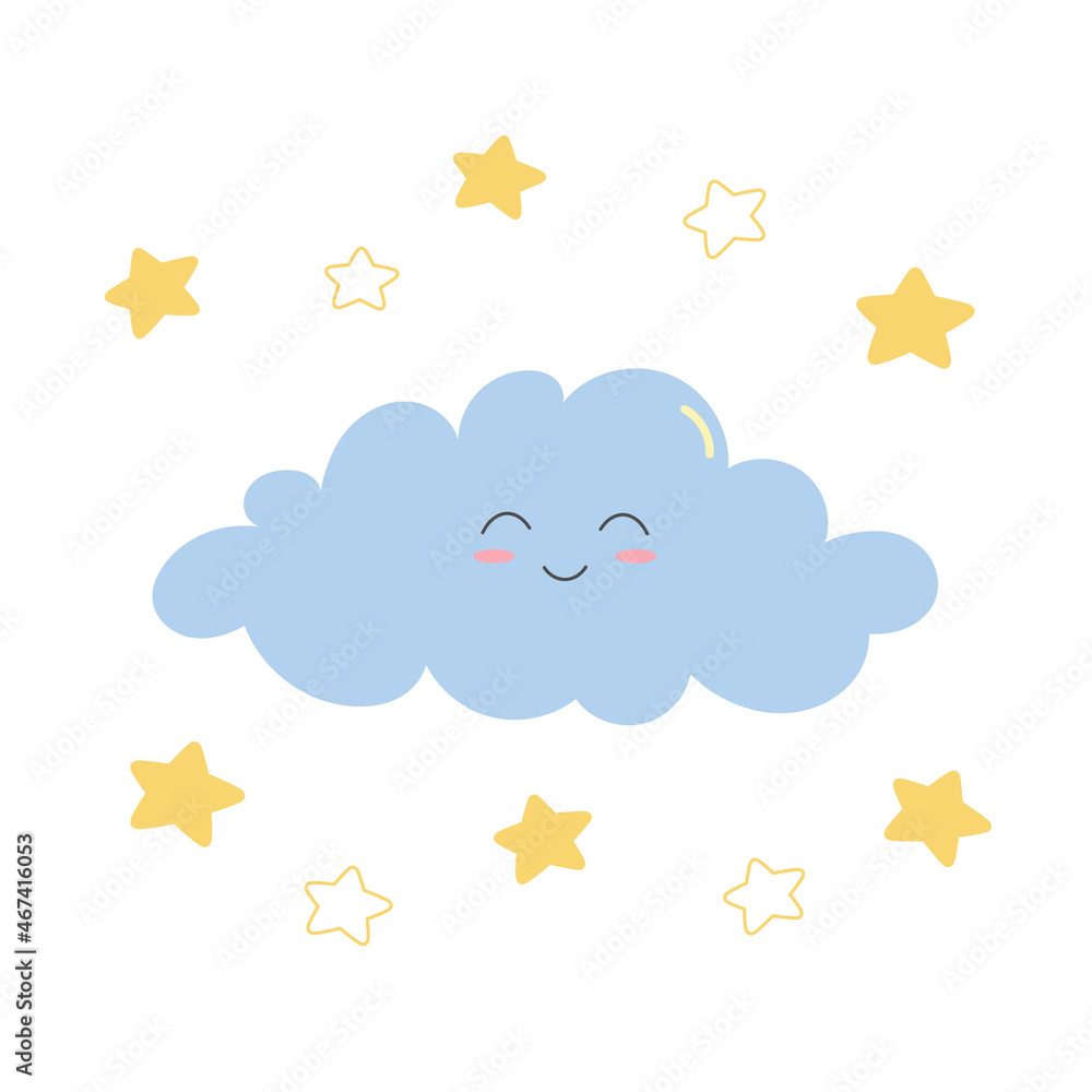 Cute smiling cloud and stars. Cartoon character in flat style. Isolated vector illustration Cute smiling cloud and stars. Cartoon character in flat style. Isolated vector illustration